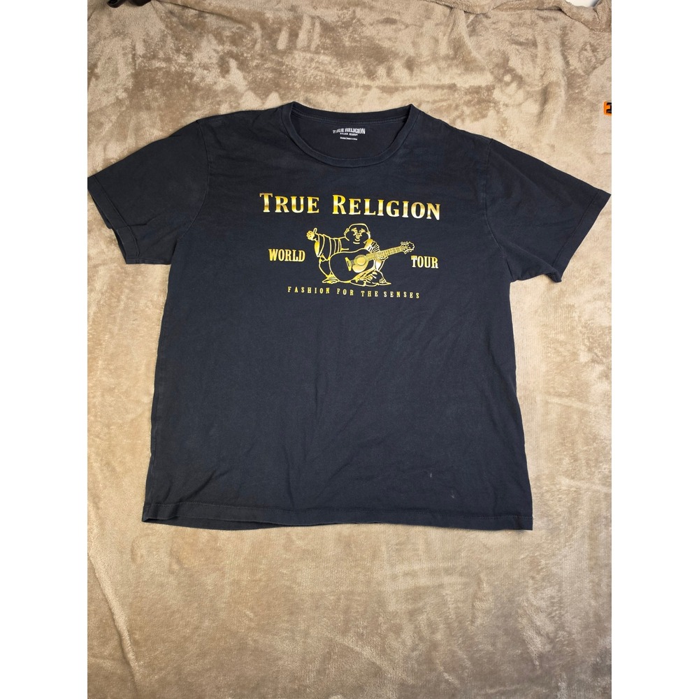 True Religion World Tour Buddha T-Shirt Black Gold Graphic XL Short Sleeve Tee